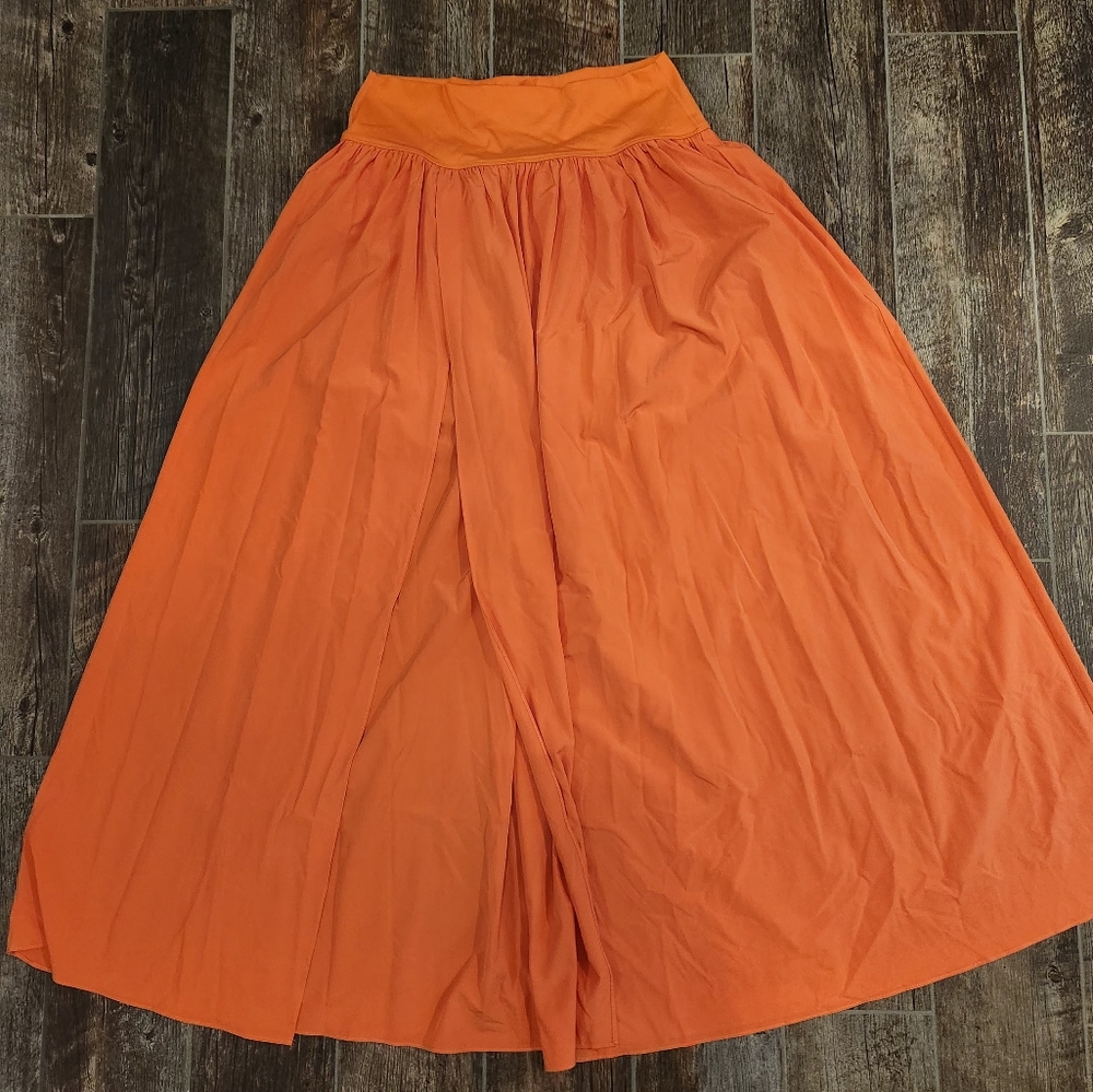 Women's Orange Full Maxi Skirt - Lightweight Gathered Waist